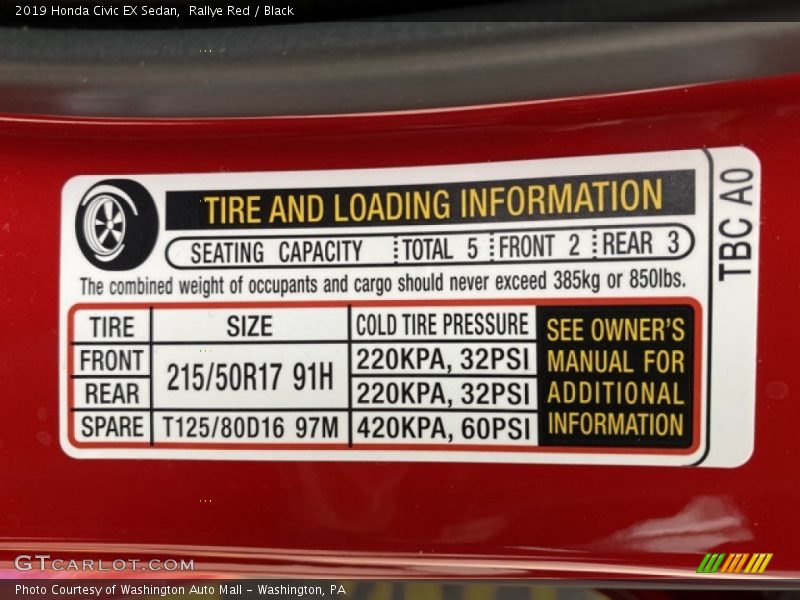 Info Tag of 2019 Civic EX Sedan