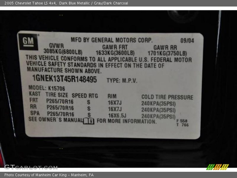 Dark Blue Metallic / Gray/Dark Charcoal 2005 Chevrolet Tahoe LS 4x4