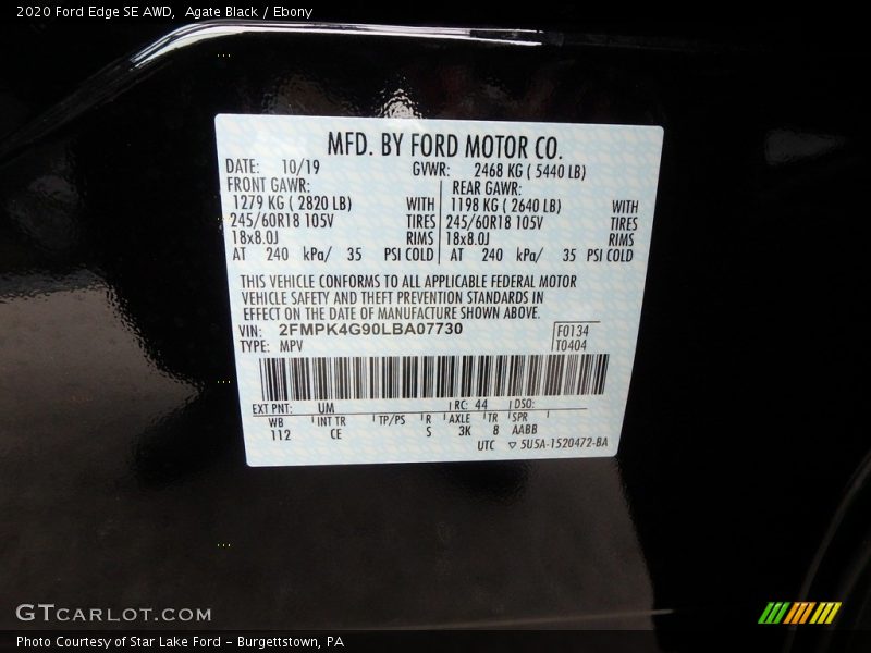 Agate Black / Ebony 2020 Ford Edge SE AWD
