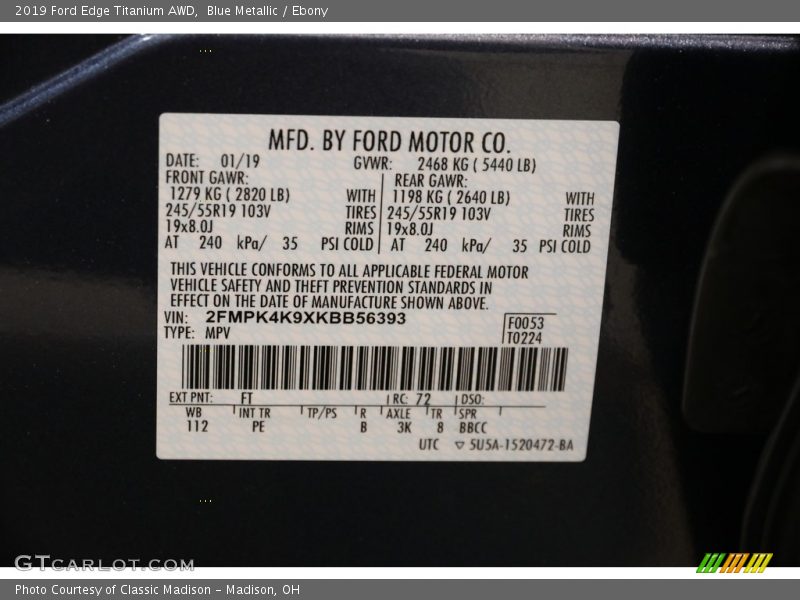 Blue Metallic / Ebony 2019 Ford Edge Titanium AWD