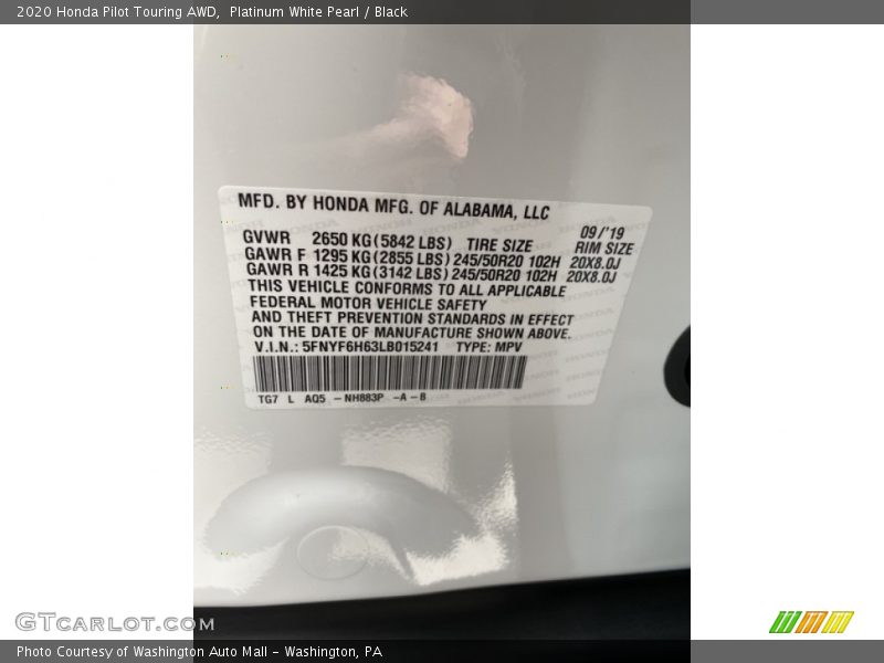 2020 Pilot Touring AWD Platinum White Pearl Color Code NH883P