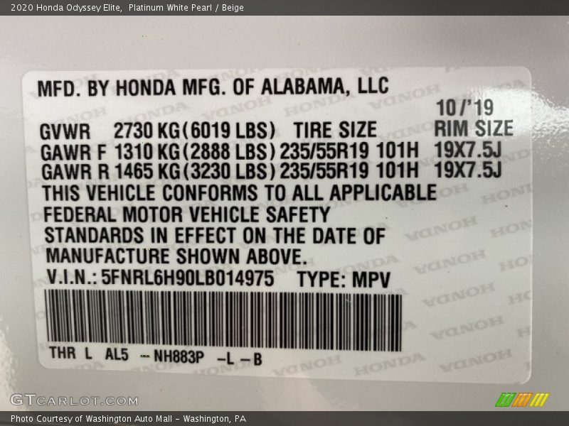 Platinum White Pearl / Beige 2020 Honda Odyssey Elite