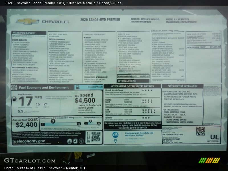  2020 Tahoe Premier 4WD Window Sticker