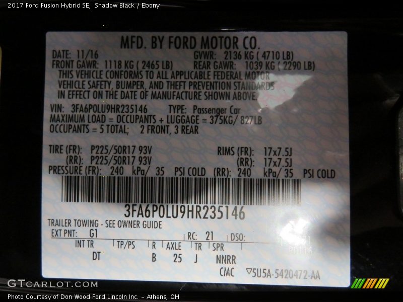 Shadow Black / Ebony 2017 Ford Fusion Hybrid SE