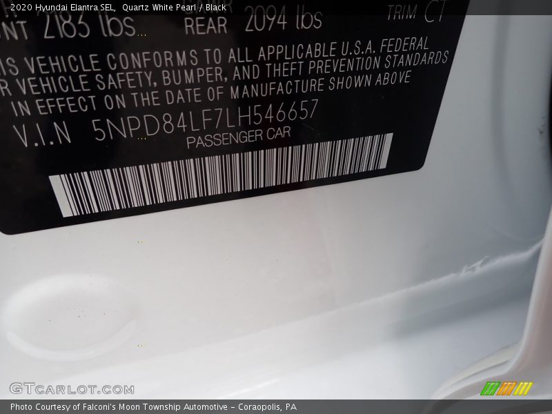 Quartz White Pearl / Black 2020 Hyundai Elantra SEL
