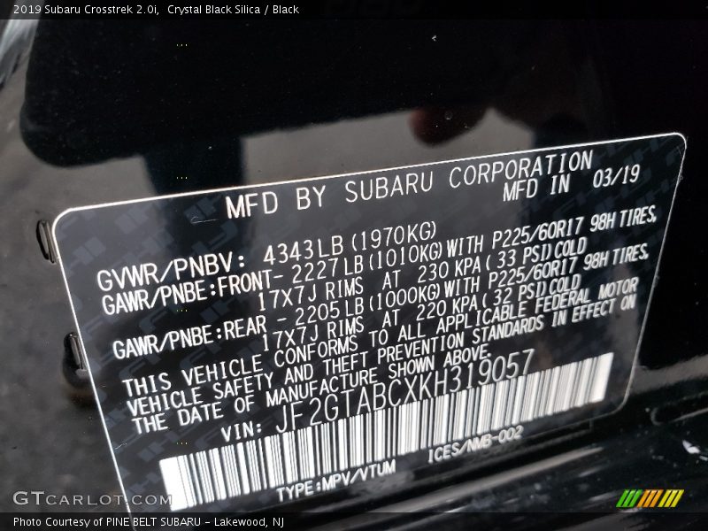 Crystal Black Silica / Black 2019 Subaru Crosstrek 2.0i
