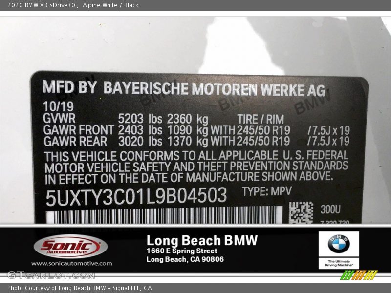 Alpine White / Black 2020 BMW X3 sDrive30i