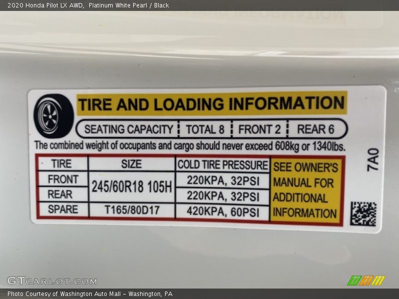 Info Tag of 2020 Pilot LX AWD