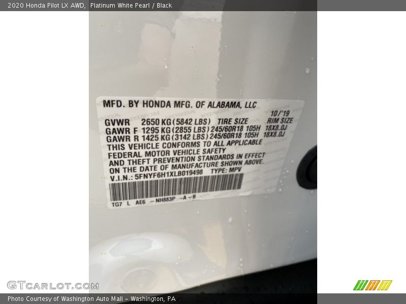 2020 Pilot LX AWD Platinum White Pearl Color Code NH883P