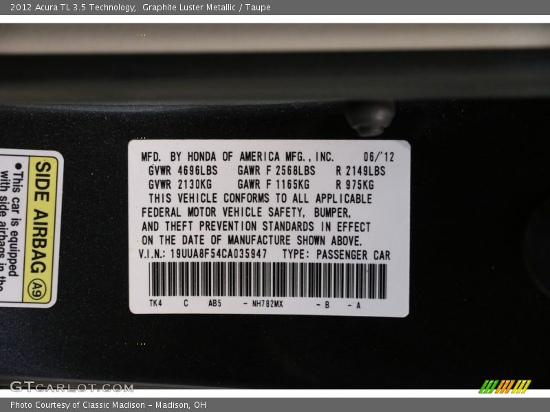 Graphite Luster Metallic / Taupe 2012 Acura TL 3.5 Technology