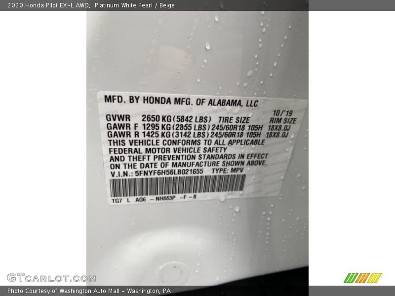 Platinum White Pearl / Beige 2020 Honda Pilot EX-L AWD
