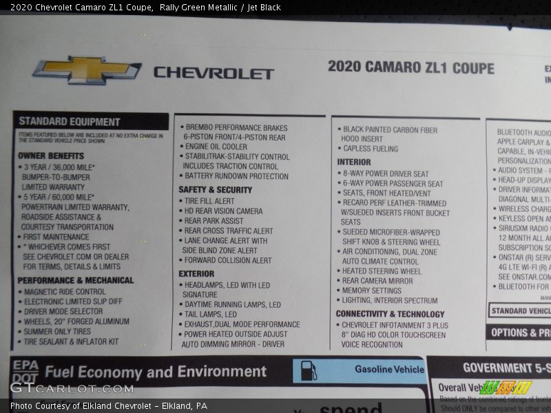  2020 Camaro ZL1 Coupe Window Sticker