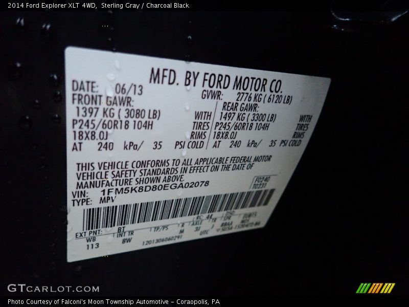 Sterling Gray / Charcoal Black 2014 Ford Explorer XLT 4WD