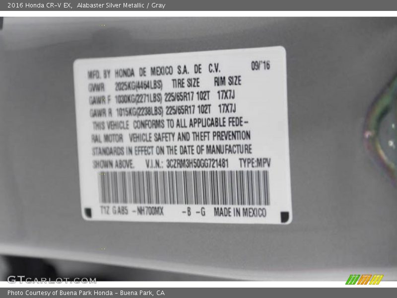 Alabaster Silver Metallic / Gray 2016 Honda CR-V EX