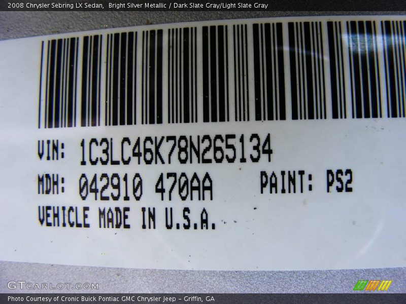 Bright Silver Metallic / Dark Slate Gray/Light Slate Gray 2008 Chrysler Sebring LX Sedan
