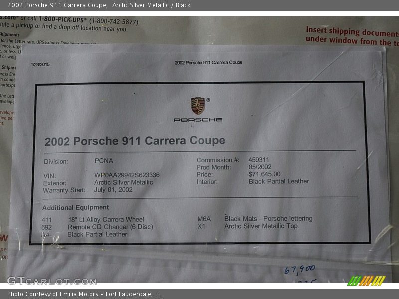 Info Tag of 2002 911 Carrera Coupe