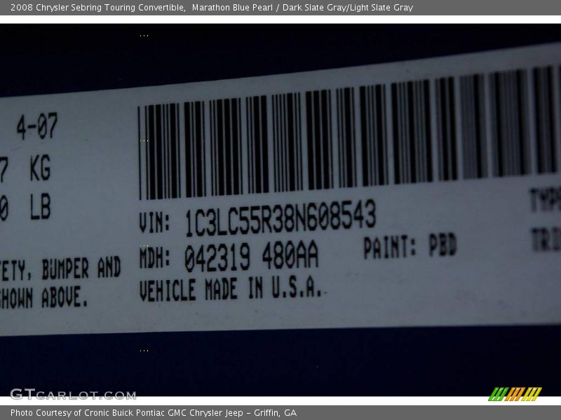 Marathon Blue Pearl / Dark Slate Gray/Light Slate Gray 2008 Chrysler Sebring Touring Convertible