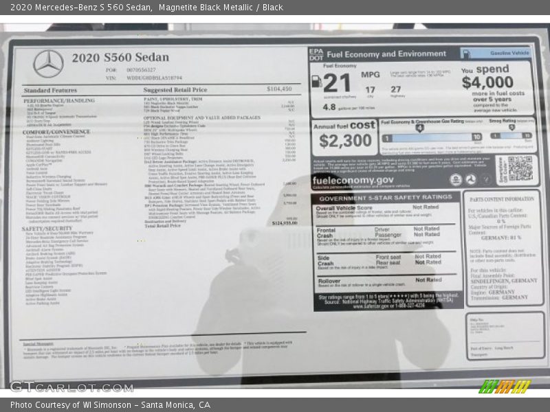  2020 S 560 Sedan Window Sticker