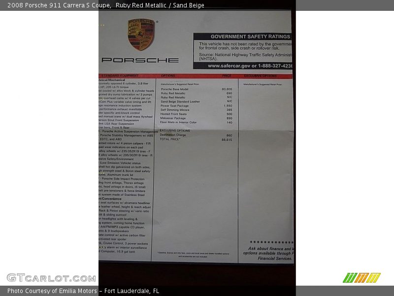  2008 911 Carrera S Coupe Window Sticker