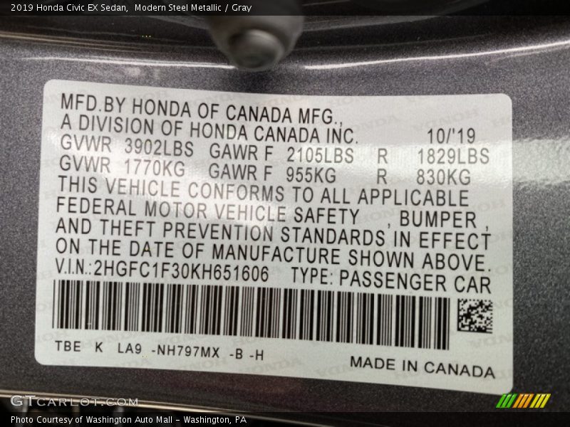 Modern Steel Metallic / Gray 2019 Honda Civic EX Sedan