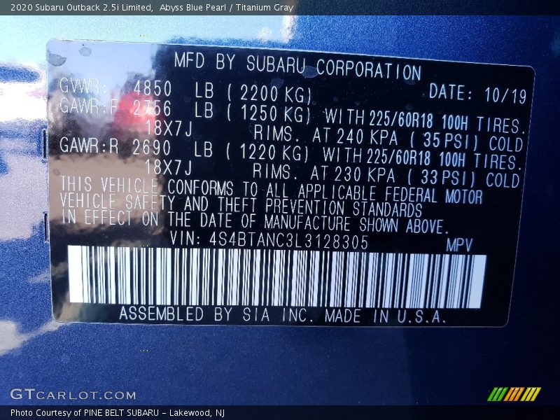 Abyss Blue Pearl / Titanium Gray 2020 Subaru Outback 2.5i Limited