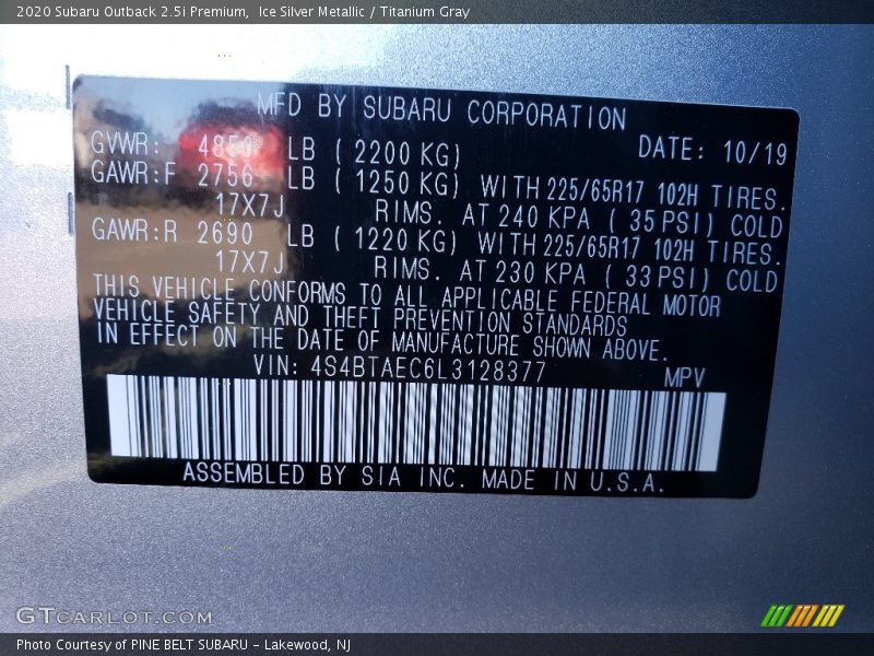 Ice Silver Metallic / Titanium Gray 2020 Subaru Outback 2.5i Premium