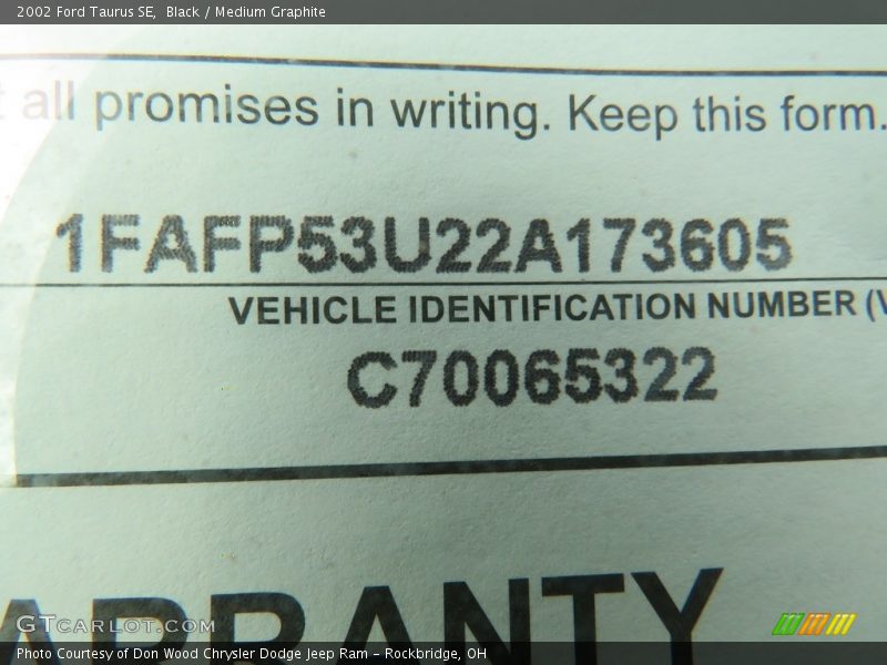 Black / Medium Graphite 2002 Ford Taurus SE