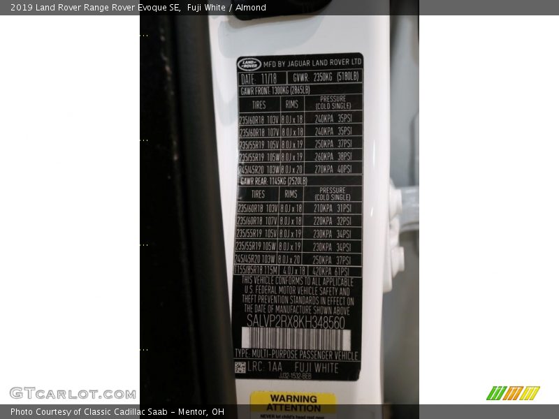2019 Range Rover Evoque SE Fuji White Color Code 1AA
