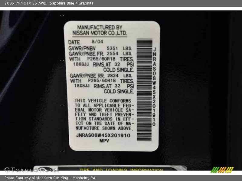 Sapphire Blue / Graphite 2005 Infiniti FX 35 AWD