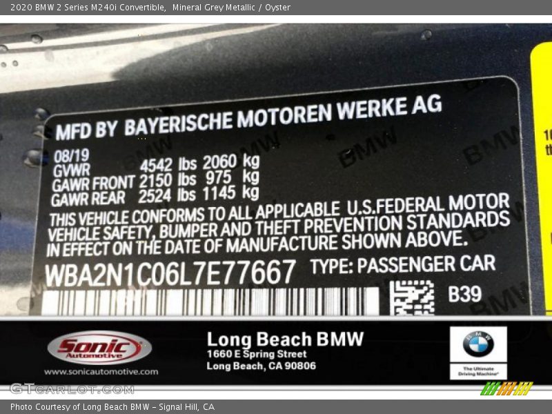 Mineral Grey Metallic / Oyster 2020 BMW 2 Series M240i Convertible