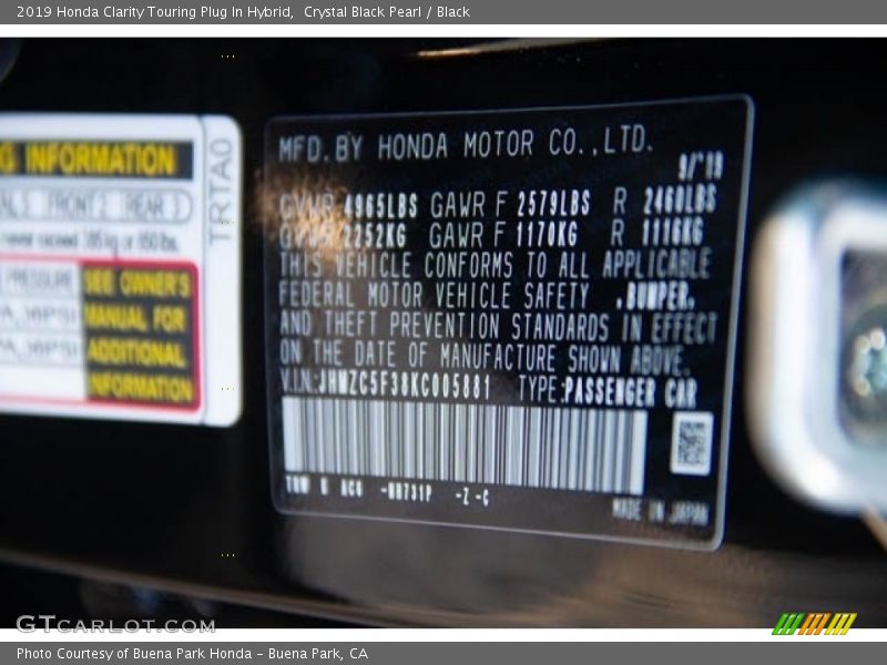 Crystal Black Pearl / Black 2019 Honda Clarity Touring Plug In Hybrid