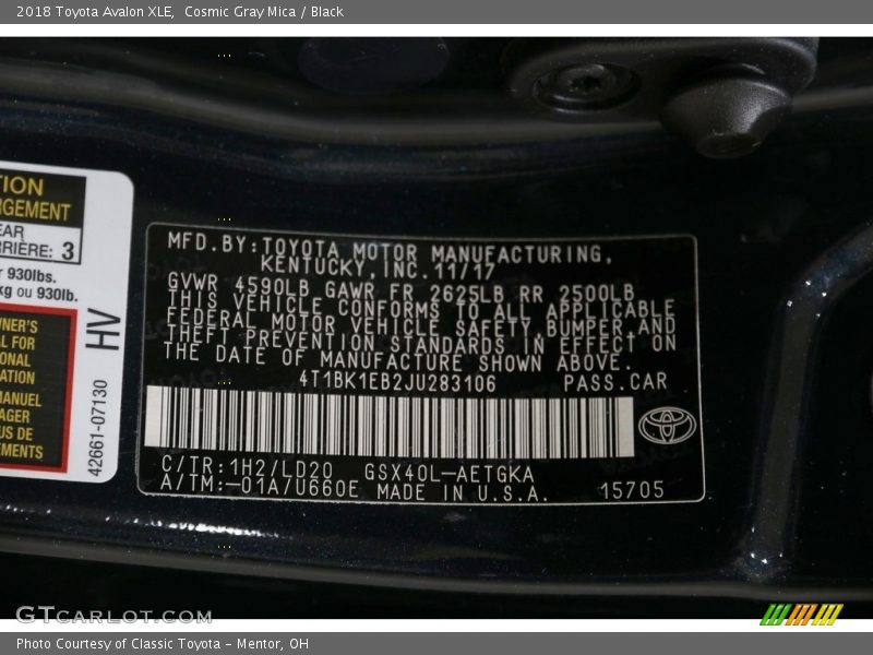 Cosmic Gray Mica / Black 2018 Toyota Avalon XLE