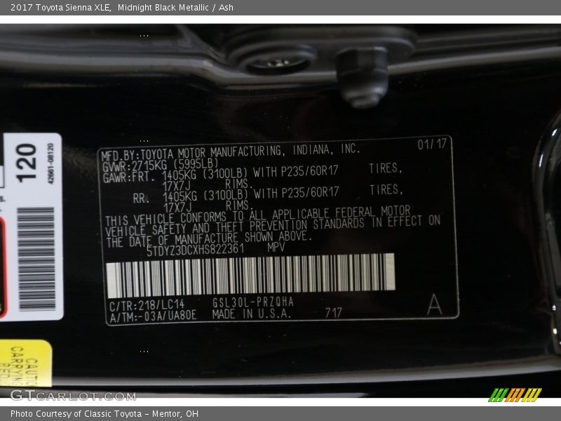 Midnight Black Metallic / Ash 2017 Toyota Sienna XLE