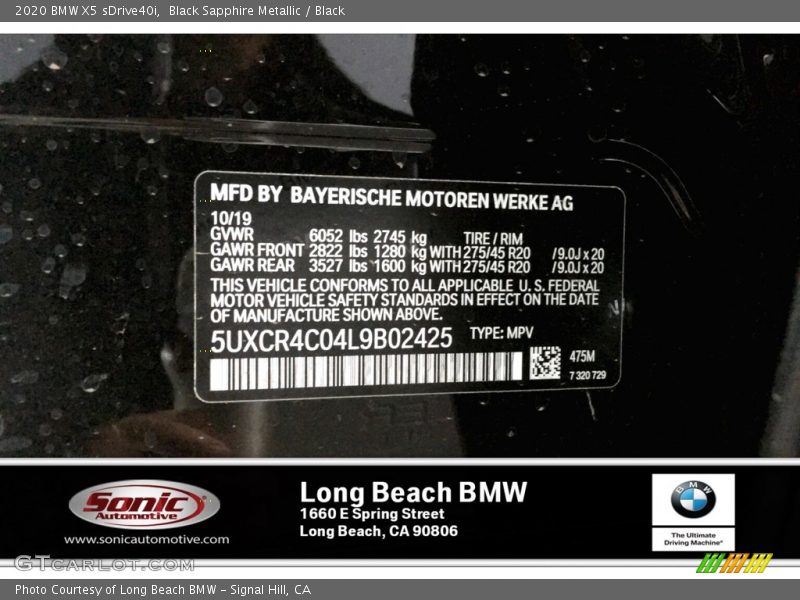 Black Sapphire Metallic / Black 2020 BMW X5 sDrive40i