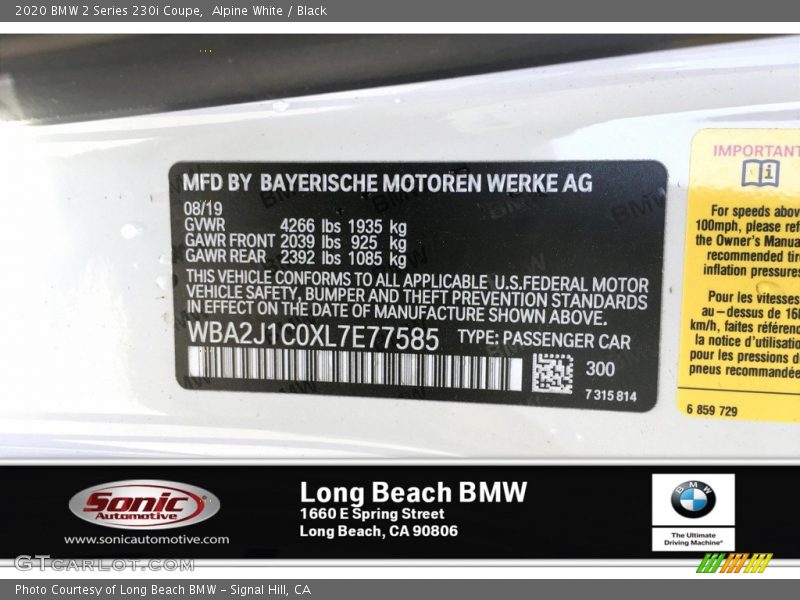 Alpine White / Black 2020 BMW 2 Series 230i Coupe