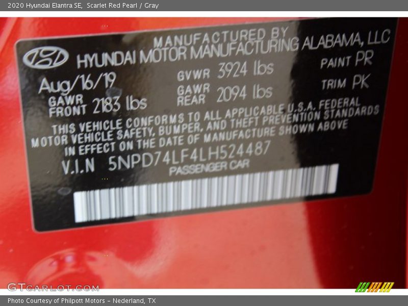 2020 Elantra SE Scarlet Red Pearl Color Code PR