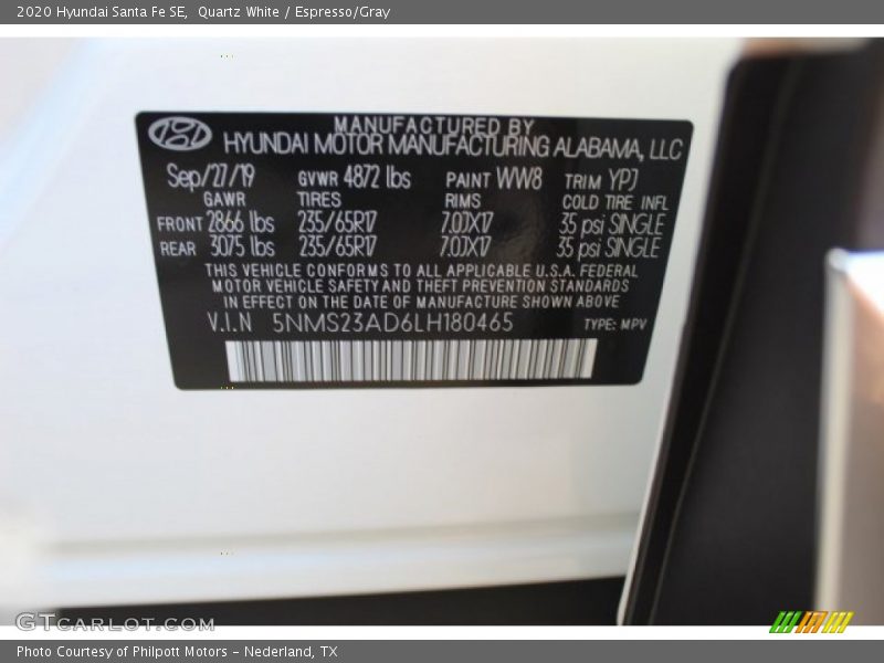 Quartz White / Espresso/Gray 2020 Hyundai Santa Fe SE