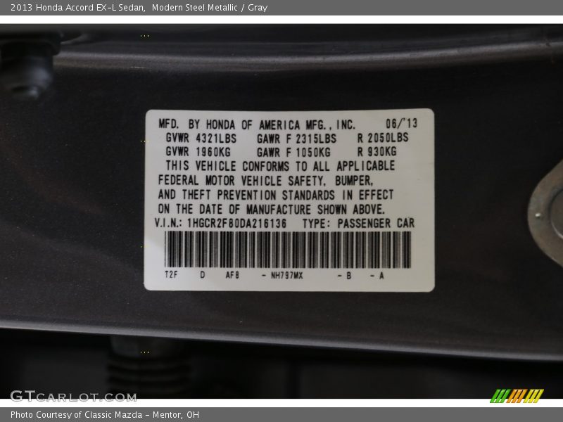Modern Steel Metallic / Gray 2013 Honda Accord EX-L Sedan