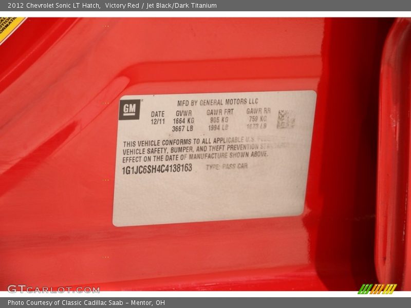 Victory Red / Jet Black/Dark Titanium 2012 Chevrolet Sonic LT Hatch