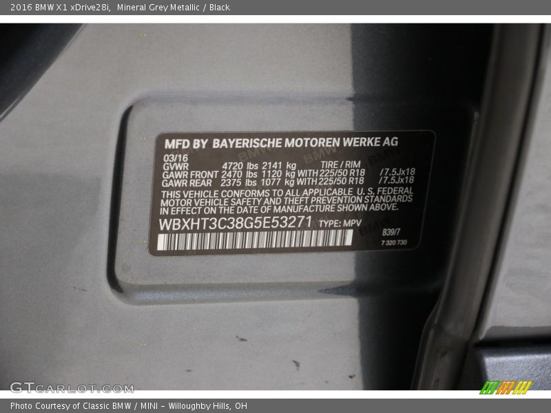 Mineral Grey Metallic / Black 2016 BMW X1 xDrive28i