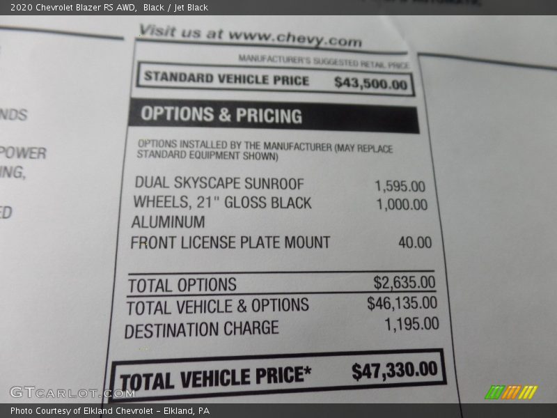  2020 Blazer RS AWD Window Sticker