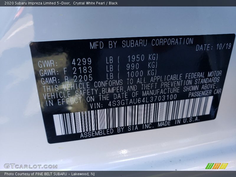 Crystal White Pearl / Black 2020 Subaru Impreza Limited 5-Door