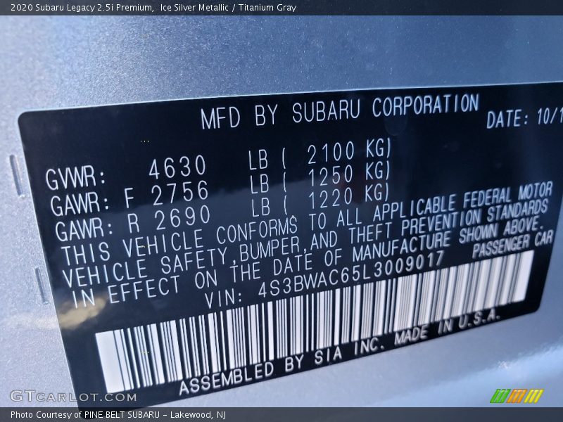 Ice Silver Metallic / Titanium Gray 2020 Subaru Legacy 2.5i Premium