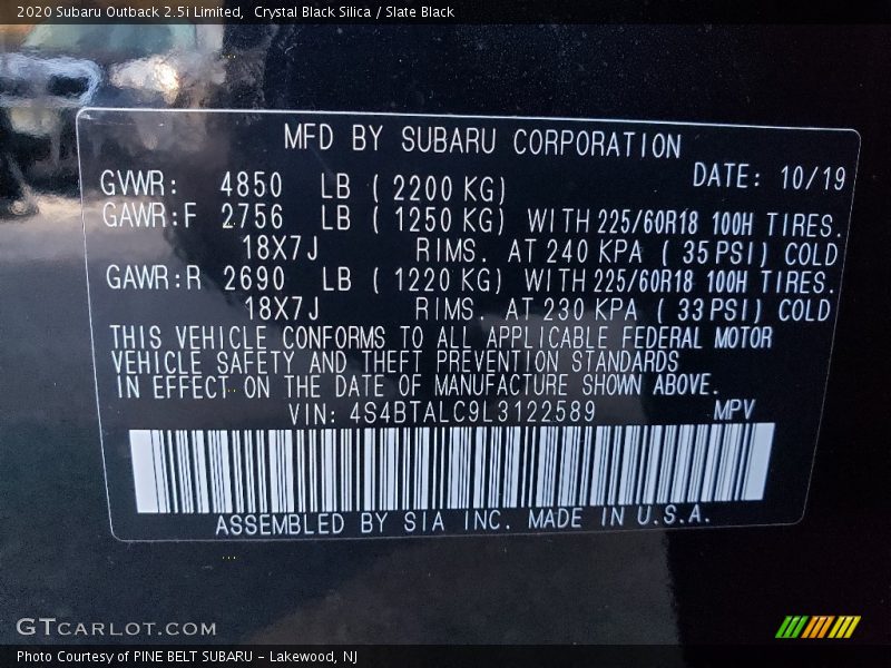 Crystal Black Silica / Slate Black 2020 Subaru Outback 2.5i Limited