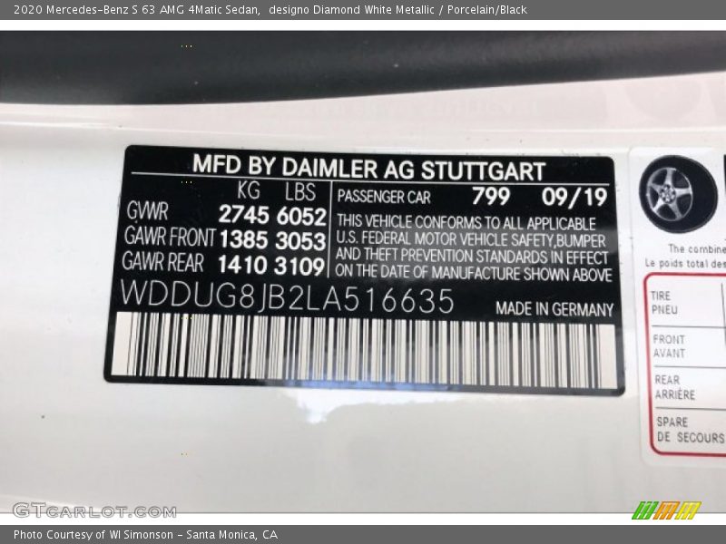 2020 S 63 AMG 4Matic Sedan designo Diamond White Metallic Color Code 799