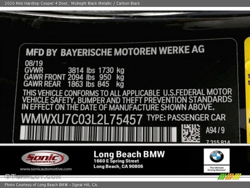 2020 Hardtop Cooper 4 Door Midnight Black Metallic Color Code A94