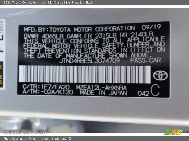 2020 Corolla Hatchback SE Classic Silver Metallic Color Code 1F7