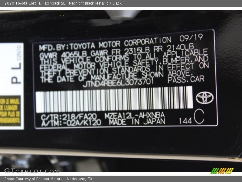 2020 Corolla Hatchback SE Midnight Black Metallic Color Code 218