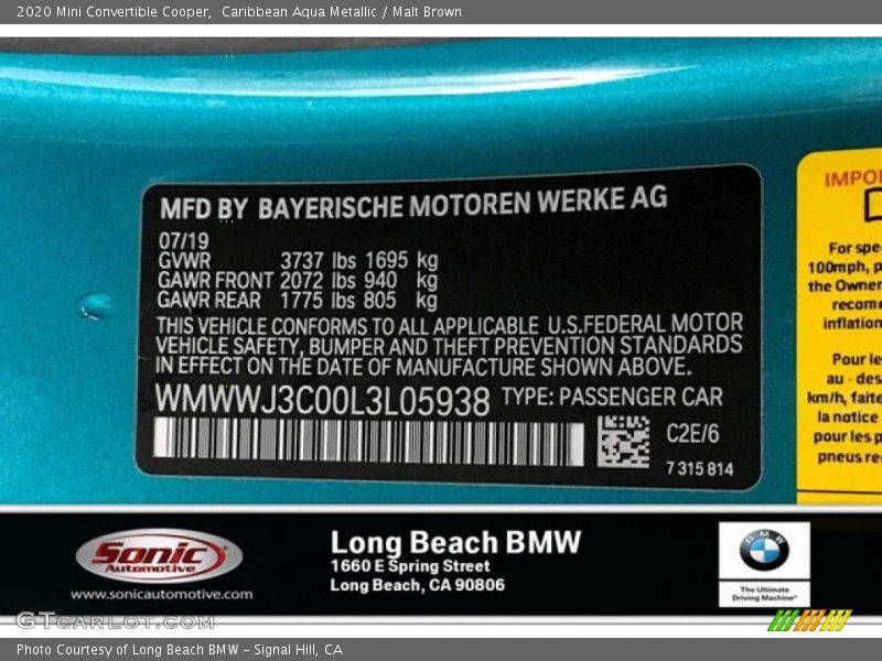 2020 Convertible Cooper Caribbean Aqua Metallic Color Code C2E
