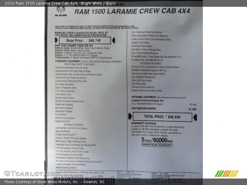 Bright White / Black 2020 Ram 1500 Laramie Crew Cab 4x4